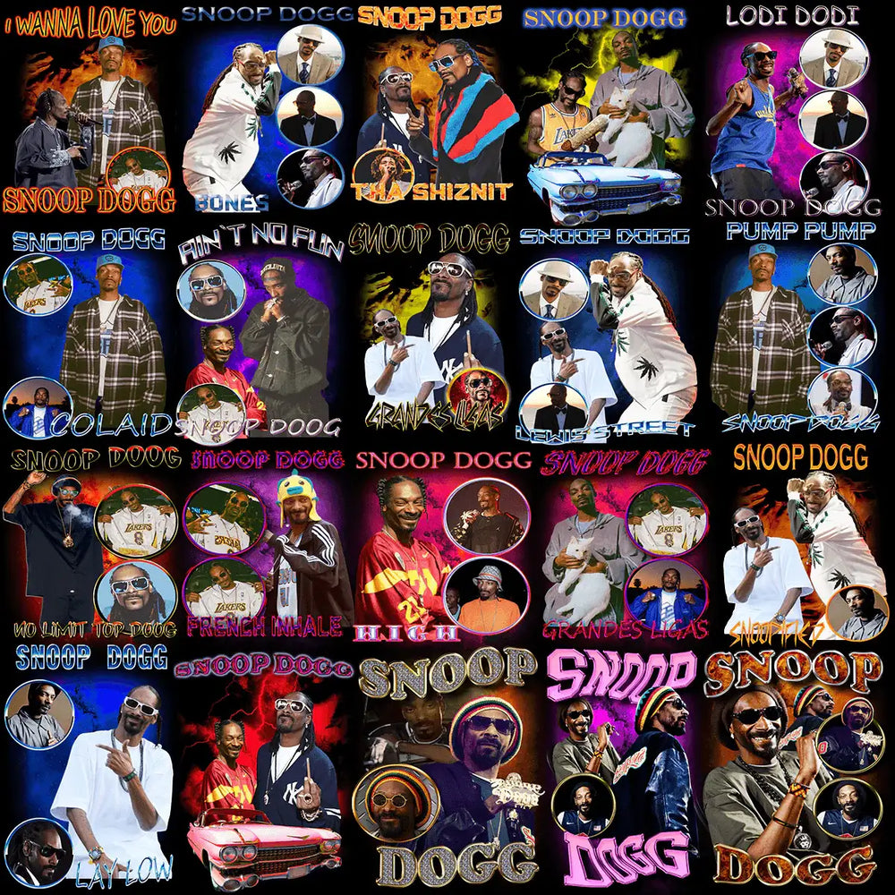 Snoop Dogg collage with iconic poses, lyrics, and vibrant graphics for DTF/DTG designs