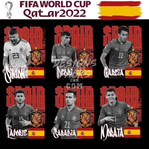 Spain FIFA World Cup Qatar 2022 soccer players with team crests and names, print-ready designs