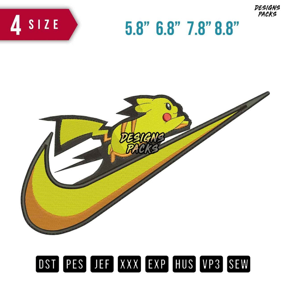 Swoosh pikachu Run Embroidery Design