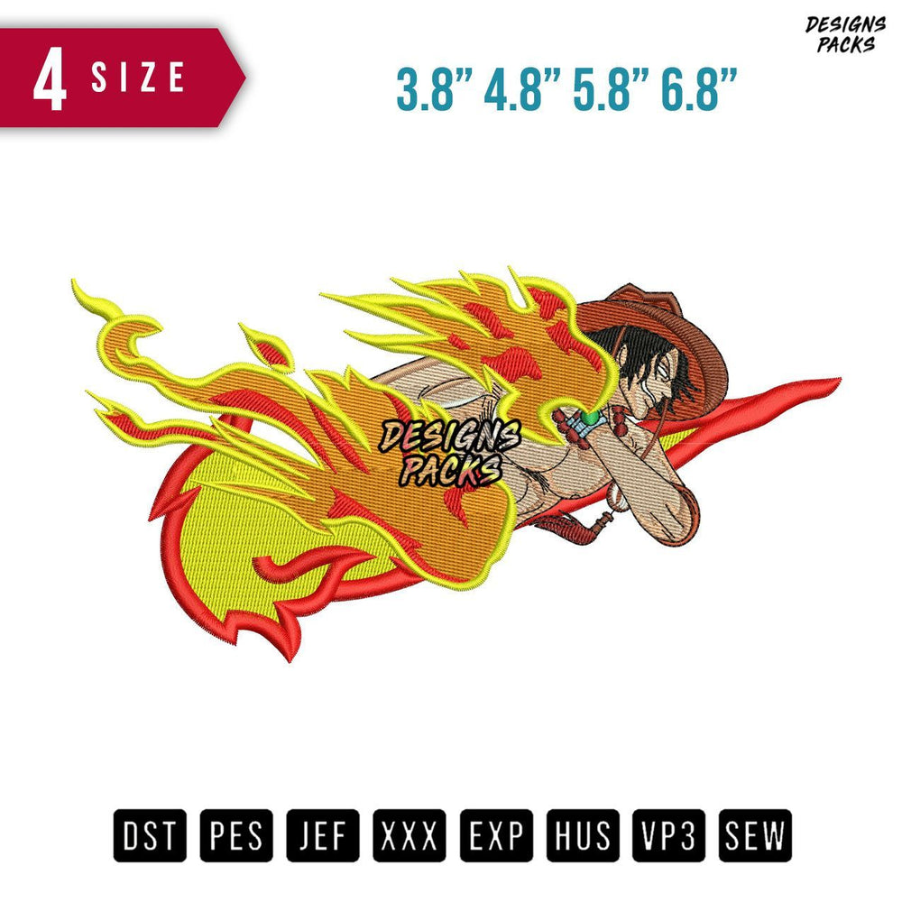 Swoosh Portgas D Ace Fire Embroidery Design