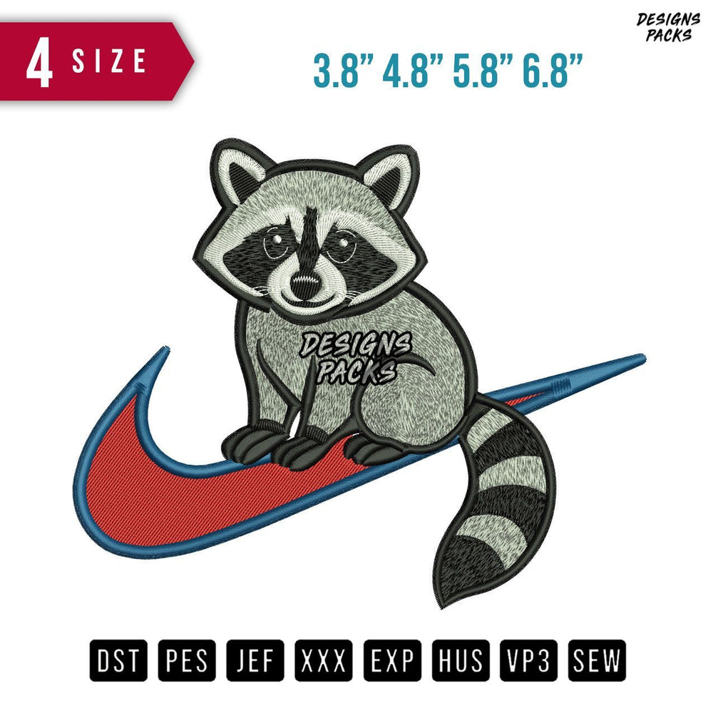 Swoosh Racoon Sit Embroidery Design