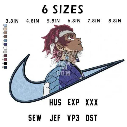 Embroidery design of anime character in Nike swoosh, 6 sizes, HUS EXP XXX SEW JEF VP3 DST formats