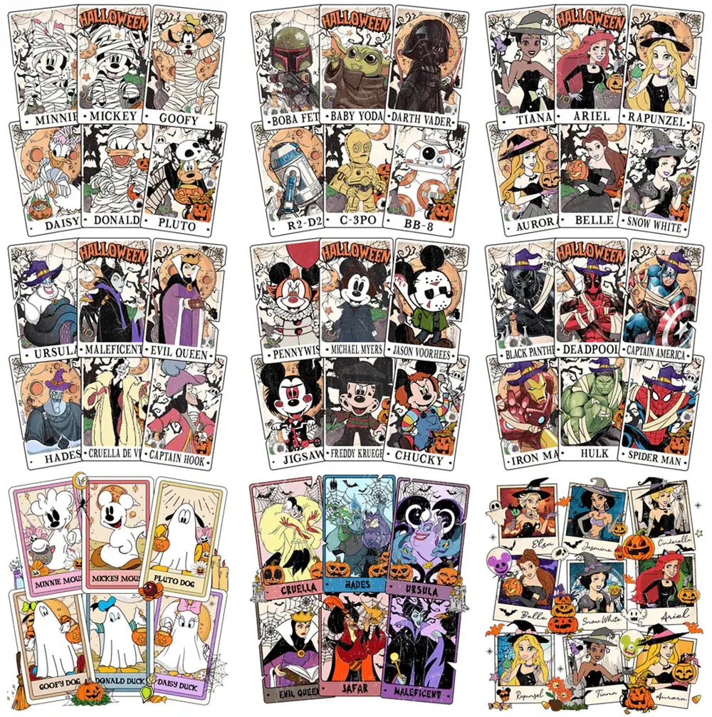 Halloween-themed character cards featuring Disney, Star Wars, and Marvel heroes & villains in spooky costumes, perfect for DTF/DTG printing.