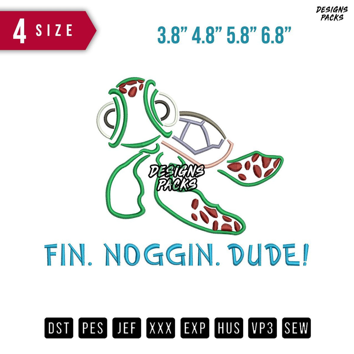 Turtle Fin Noggin Embroidery Design