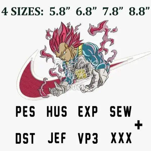 Dragon Ball Super Vegeta embroidery design in 4 sizes, compatible with PES, HUS, EXP, SEW, DST, JEF, VP3, XXX formats