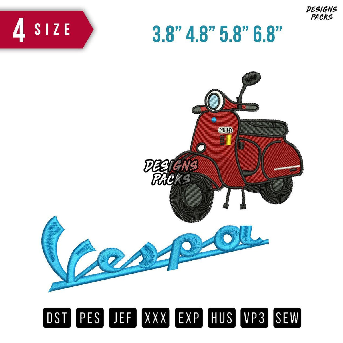 Vespa Red Embroidery Design