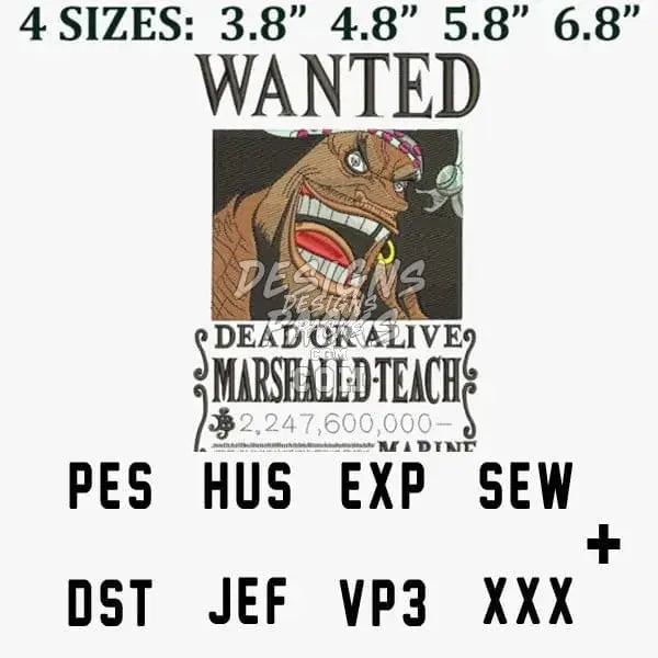 Wanted Marshall One piece Anime Embroidery Design designspacks