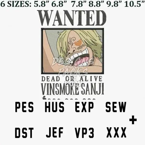 Wanted One Piece Sanji Anime Embroidery Design designspacks