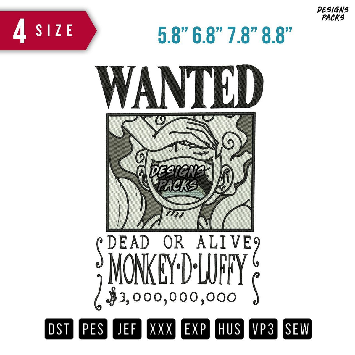 Wanted Luffy Gear Embroidery Design