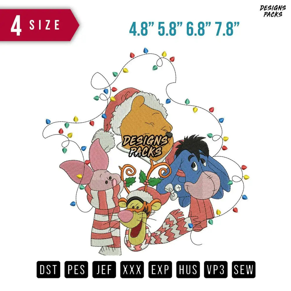 Winnie Pooh Christmas Embroidery Design