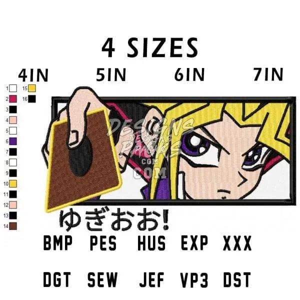 Yugi Oh! embroidery design in 4 sizes, compatible with BMP, PES, HUS, EXP, XXX, DGT, SEW, JEF, VP3, DST formats.