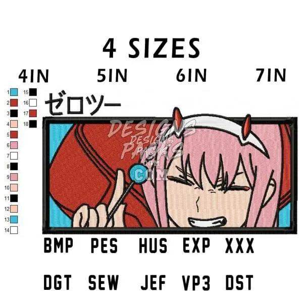 Zero Two anime embroidery design in 4 sizes, PES, DST, EXP formats for instant download