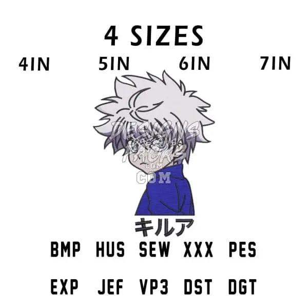 Killua Zoldyck embroidery design in 4 sizes, file formats BMP HUS SEW PES EXP JEF VP3 DST DGT
