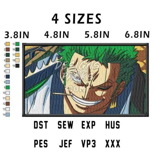 Zoro embroidery design in 4 sizes, 3.8 to 6.8 inches, compatible with DST, PES, JEF formats for machine embroidery