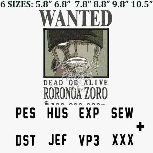 Zoro Wanted One Piece Anime Embroidery Design designspacks