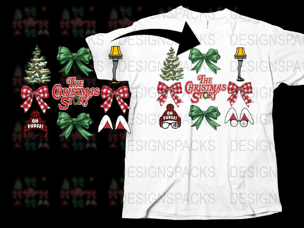 The Christmas Story Themed T-Shirt, Festive Holiday Apparel, Christmas Tree and Bell Design, White Cotton Tee