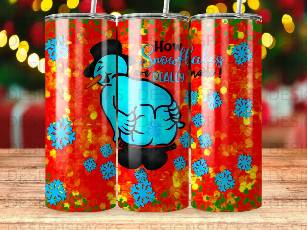 Snowman and snowflakes on a red tumbler with text "How snowflakes are really made!".