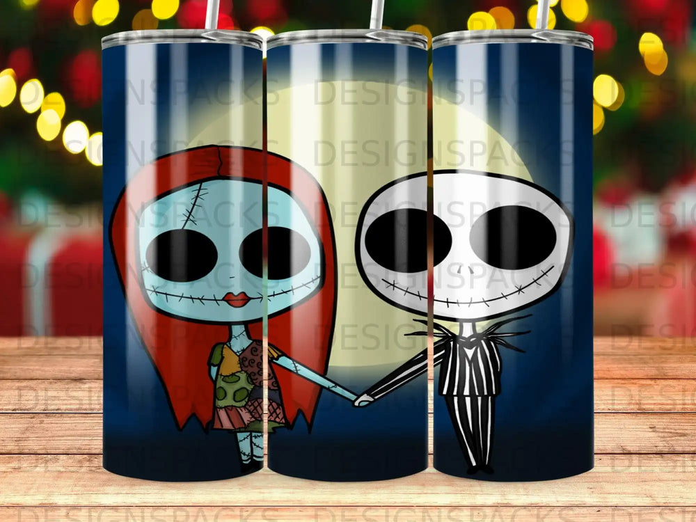 Jack Skellington and Sally from The Nightmare Before Christmas holding hands.