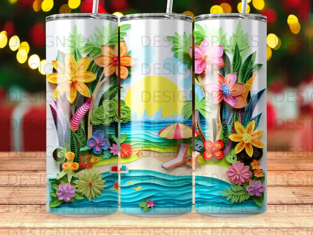 Three tumblers with a colorful, layered beach scene and tropical foliage.