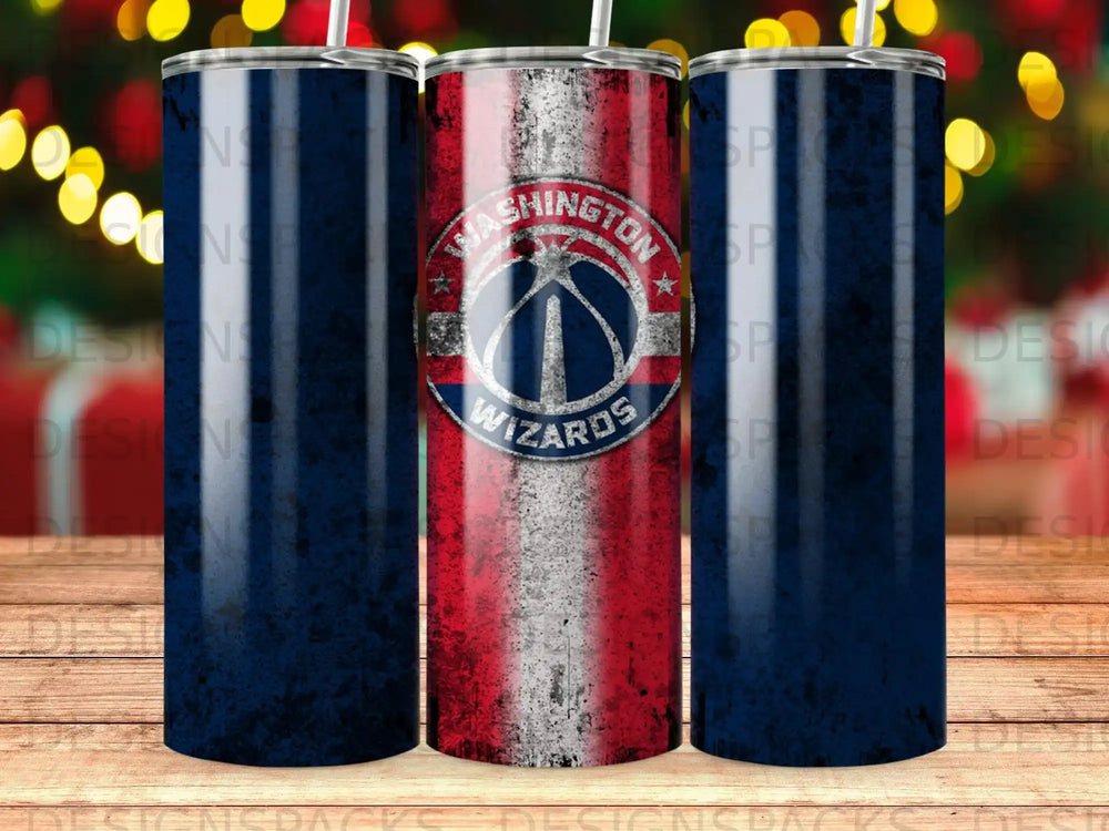 Washington Wizards logo on distressed patriotic striped tumbler.