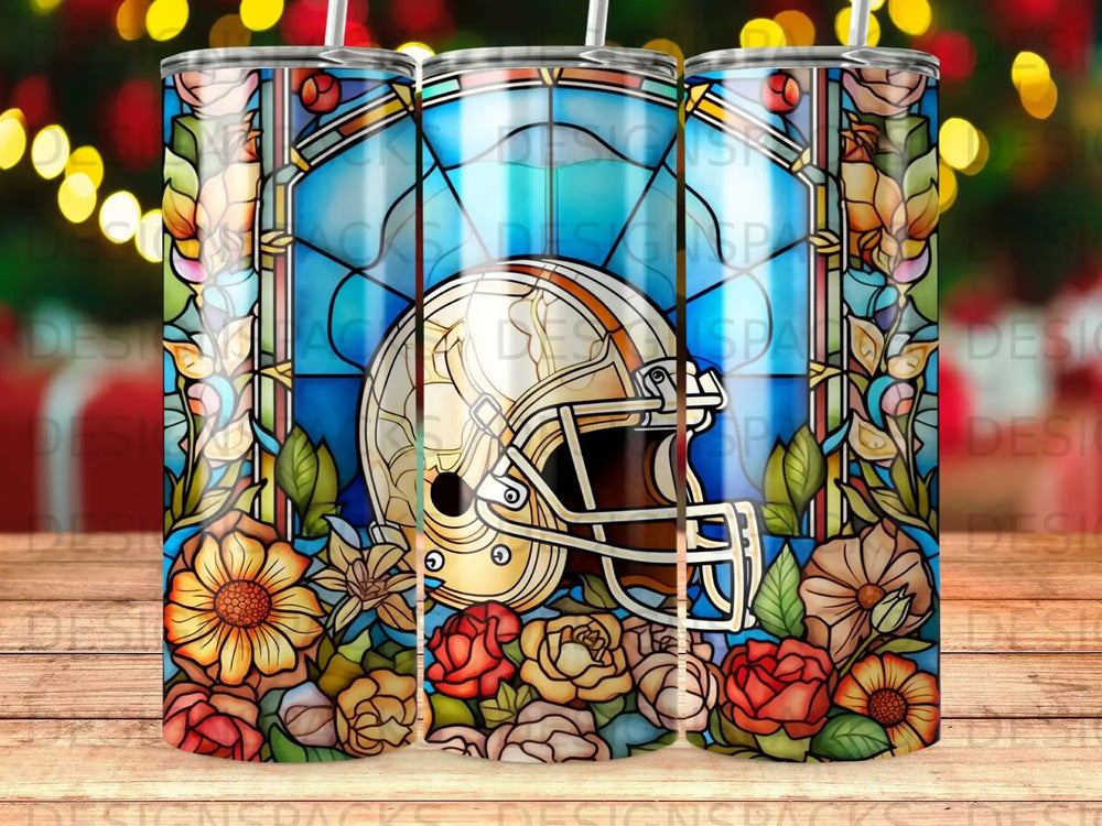 Football helmet with floral and stained glass design.
