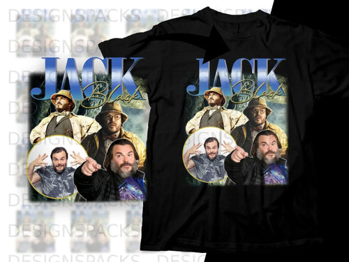 Jack Black wearing a hat, gesturing, with vintage Jack Black graphic.