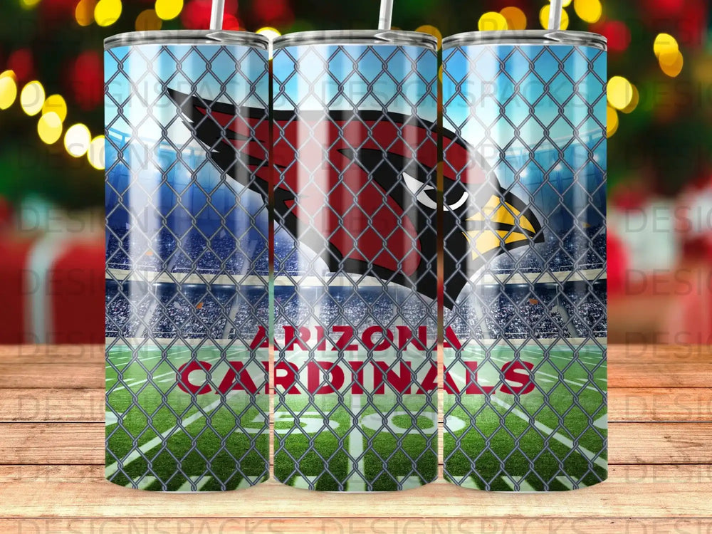 Arizona Cardinals logo on stadium background with chain link fence overlay.