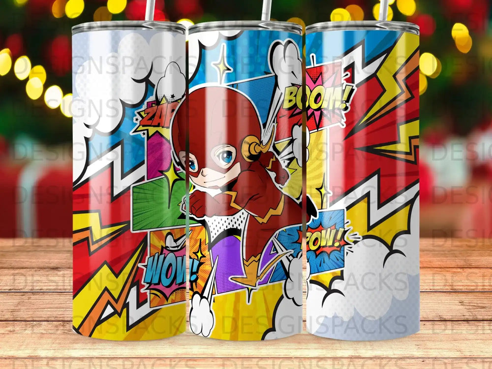 The Flash running through a comic book panel with "Boom!" and "Pow!" sound effects.