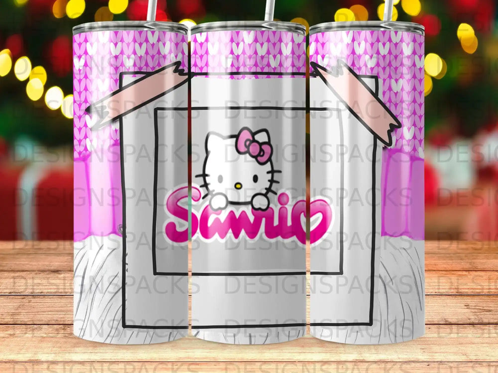 Hello Kitty tumbler with pink ribbon and "Sanrio" text on purple pattern.