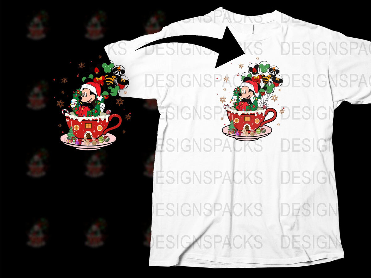 Christmas T-Shirt with Cartoon Mouse in Festive Tea Cups Holiday Apparel for All Ages