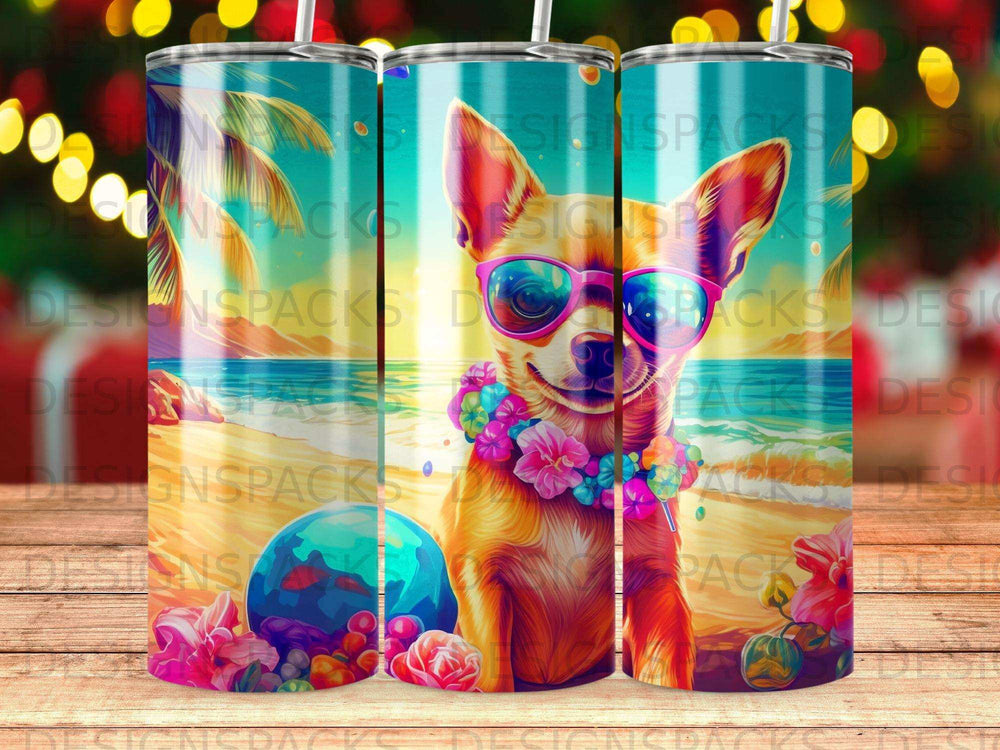 Dog with sunglasses and flower lei on beach, tropical drink.
