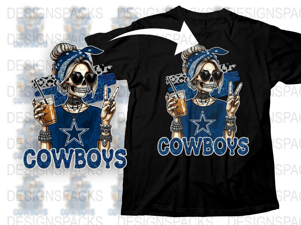 Cowboys Fan T-Shirt, Skull with Sunglasses and Drinks, Sports Team Graphic Tee, Gift for Football Lovers