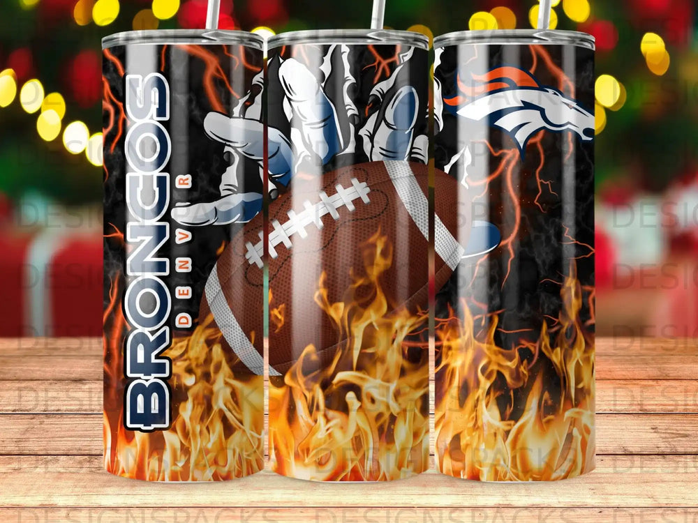 Denver Broncos football and flaming design on a tumbler.