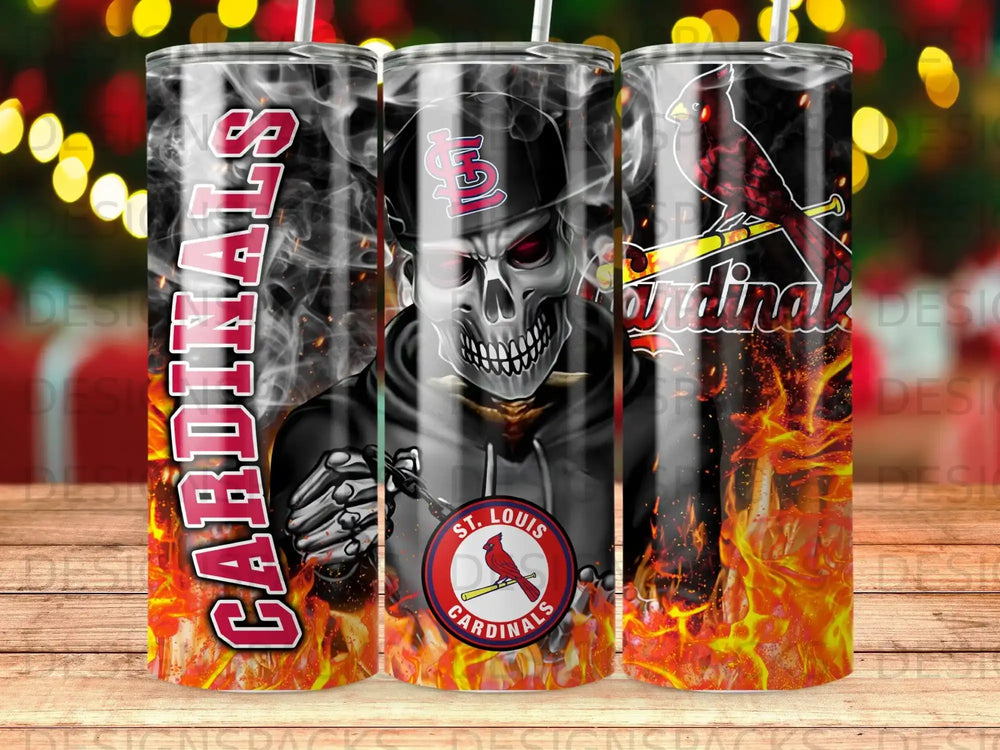 St. Louis Cardinals tumbler with skull, flames, and smoke design.