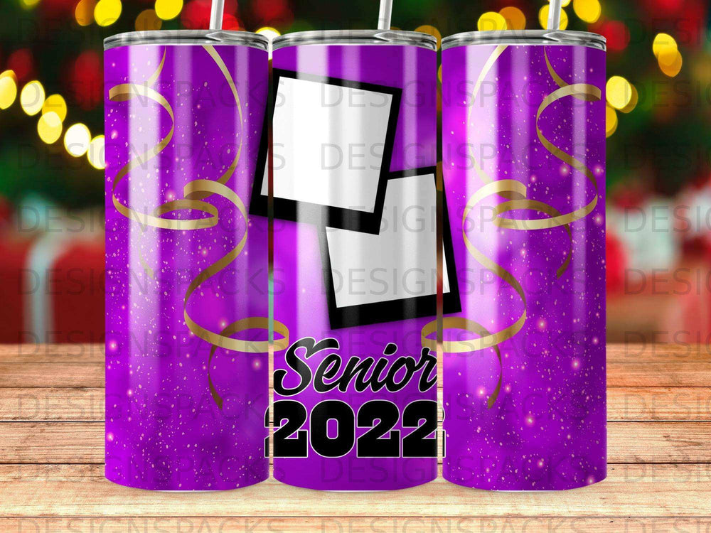 Purple tumbler with "Senior 2022" text and two photo frames.