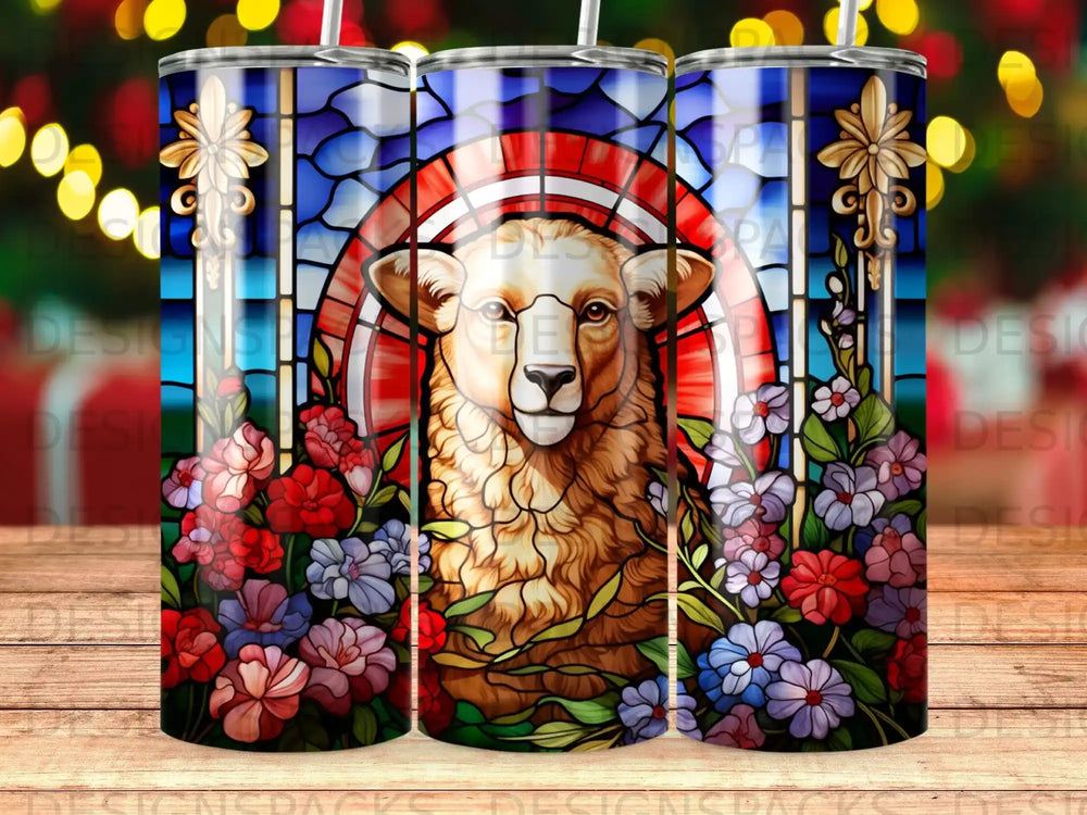 Stained glass lamb with floral border and cross motif.