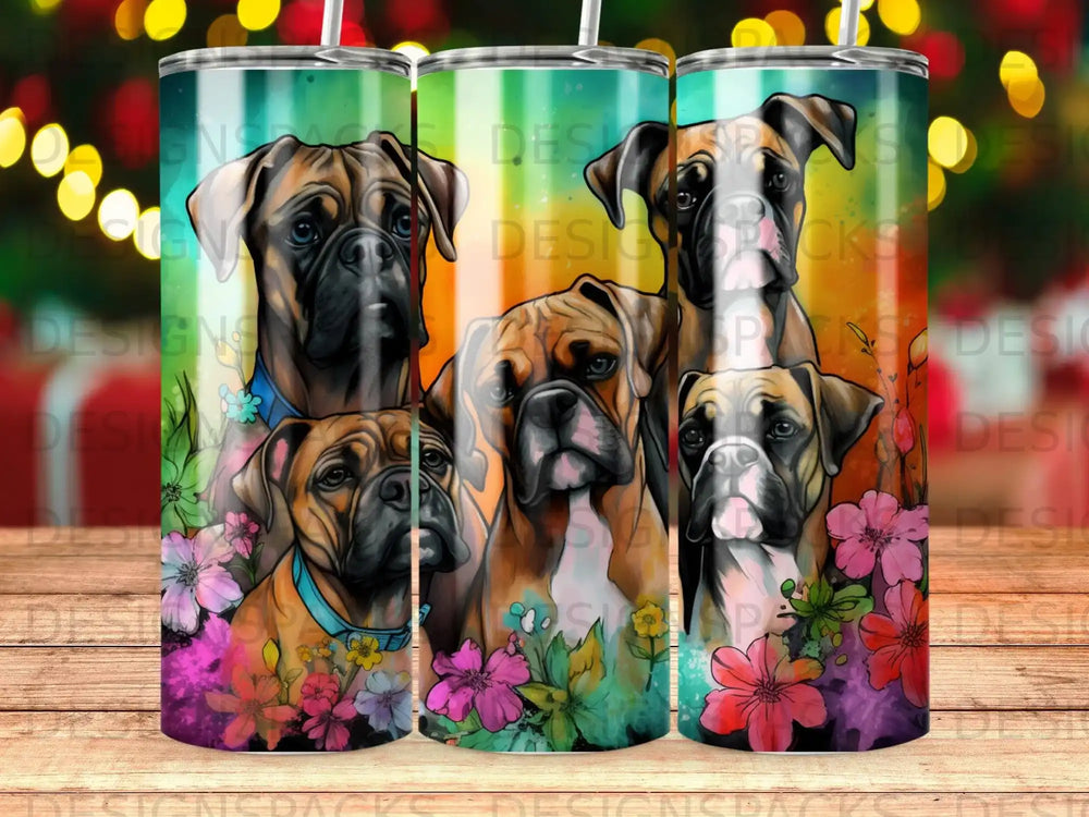 Five boxer dogs with colorful flowers and a gradient background.
