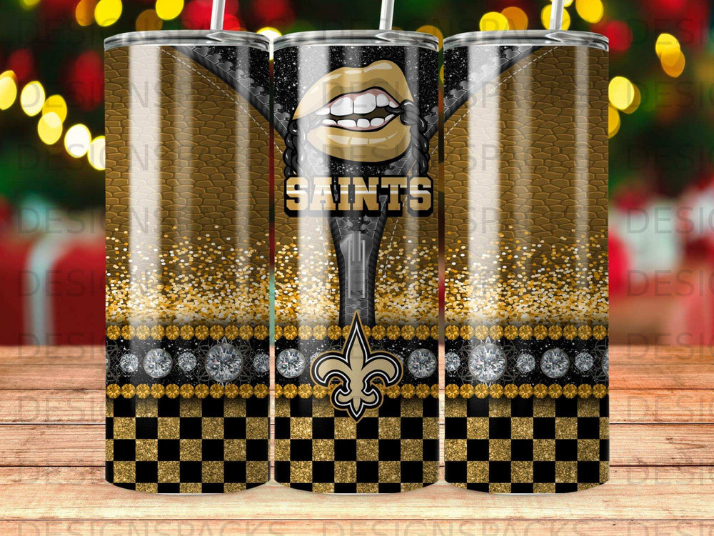 New Orleans Saints glitter tumbler with black and gold checkerboard and diamond accents.