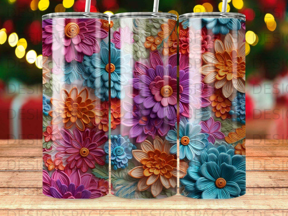 Tumbler with colorful floral pattern.