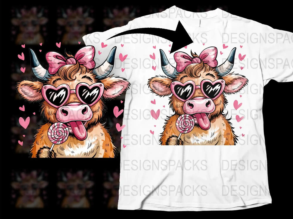 Cute Cow T-Shirt with Heart Sunglasses and Lollipop, Funny Animal Graphic Tee, Unisex Summer Fashion Top