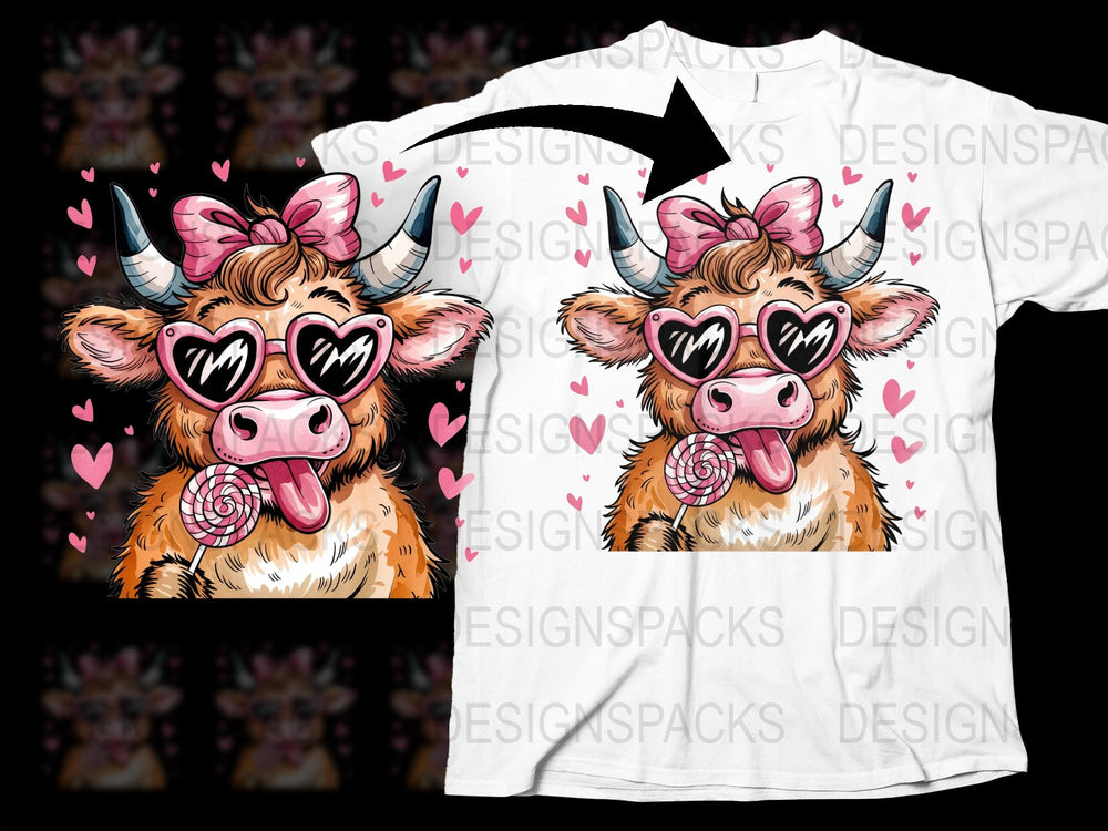 Cute Cow T-Shirt with Heart Sunglasses and Lollipop, Funny Animal Graphic Tee, Unisex Summer Fashion Top