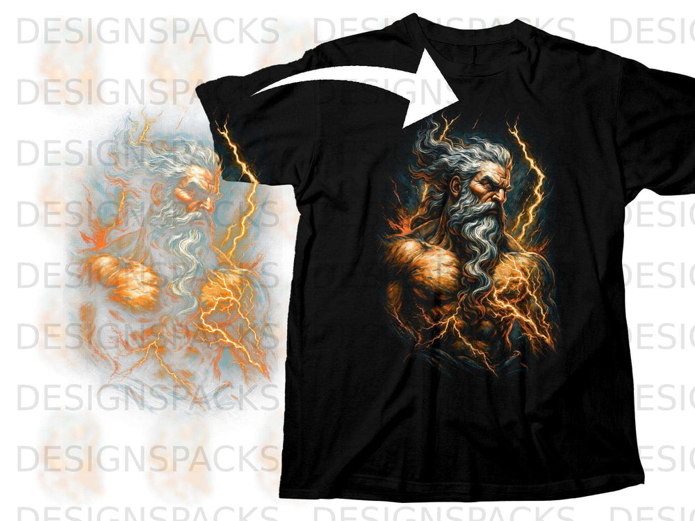 Black t-shirt with a graphic of Zeus amidst lightning bolts and fiery effects.