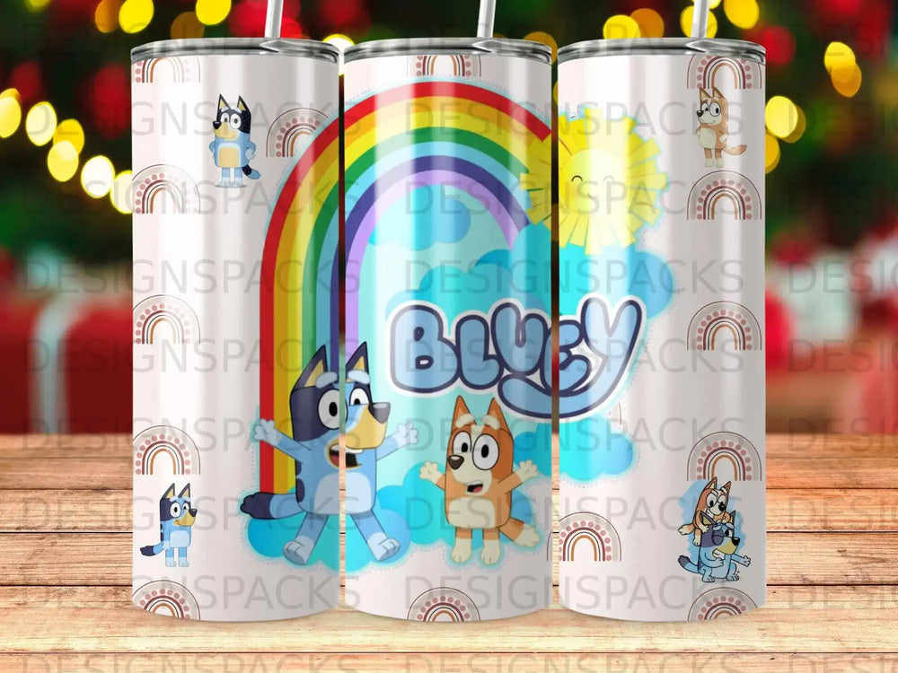 Bluey and Bingo characters on a tumbler with a rainbow and clouds.