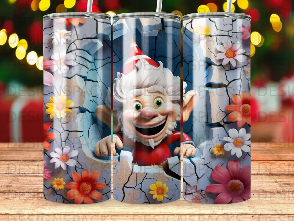 Elf in cracked wall with flowers, wearing a Santa hat.