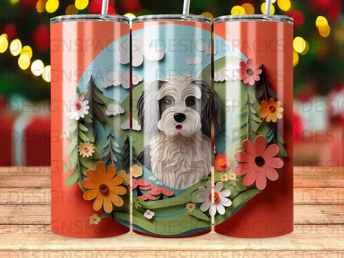 Three tumblers with a cutout dog and floral design.