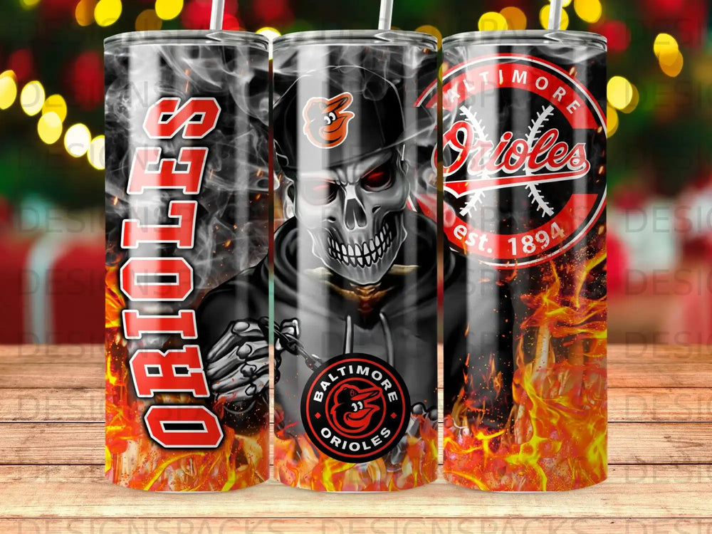 Baltimore Orioles tumbler featuring a skeleton mascot and flames.