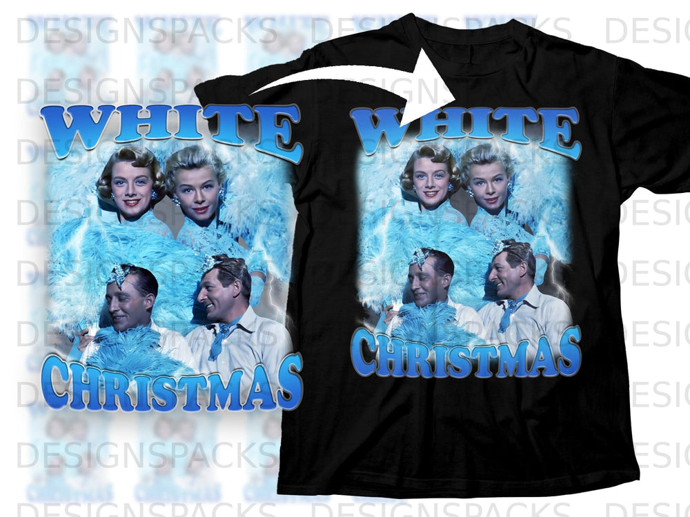 White Christmas movie poster graphic on a black t-shirt.