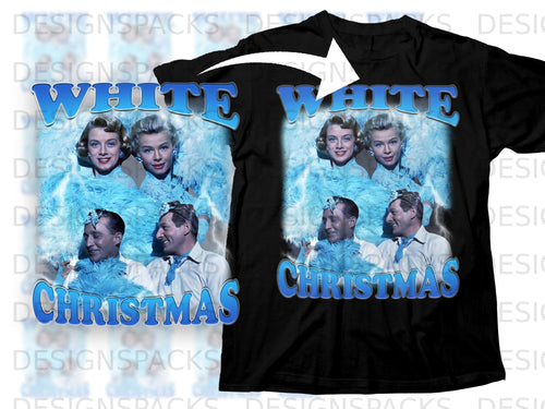 White Christmas movie poster graphic on a black t-shirt.