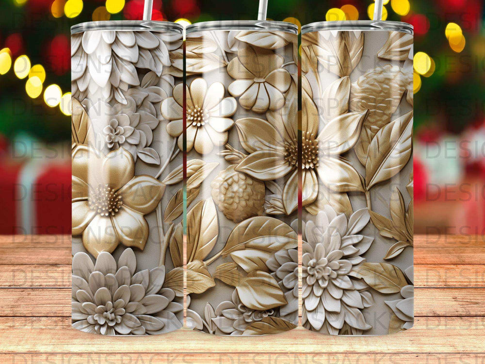 Gold floral embossed tumbler with out-of-focus bokeh lights background.