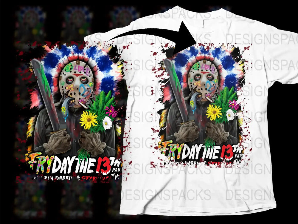 Friday the 13th Inspired Graphic T-Shirt, Horror Movie Fan Apparel, Unisex Skull Design Tee, Floral Punk Elements, Unique Streetwear Style